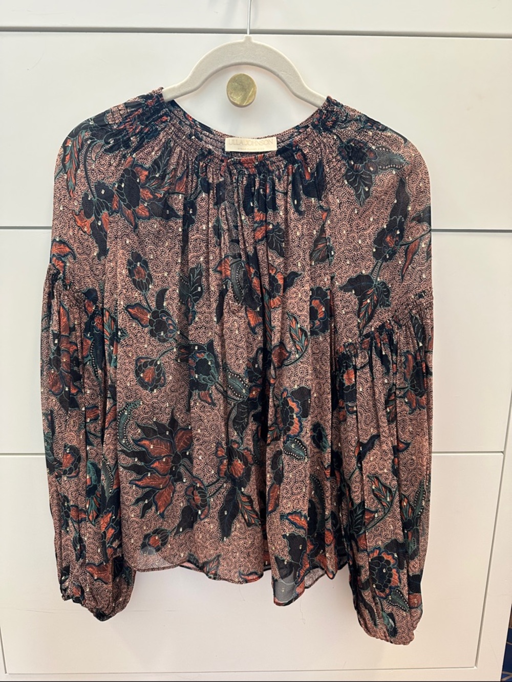 Ulla Johnson Blush and Black Floral Peasant Blouse